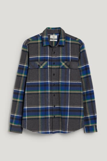 Uomo - Camicia di flanella - regular fit - collo all'italiana - a quadretti - grigio melange