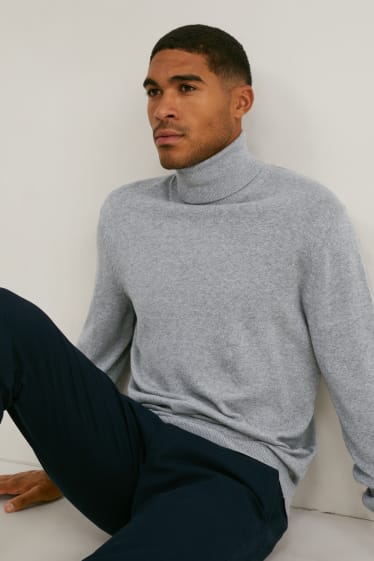 Men - Polo neck jumper - organic cotton - gray-melange