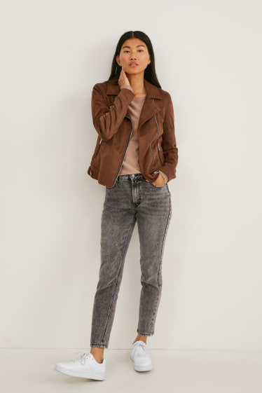Donna - Giacca stile motociclista - similpelle scamosciata - marrone