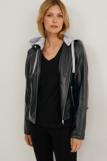 Donna - Giacca motociclista con cappuccio - similpelle - nero
