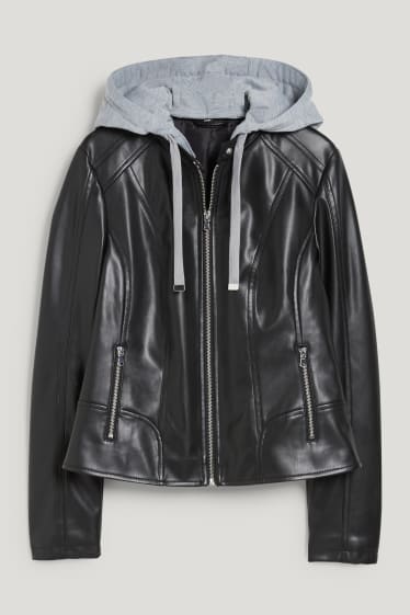 Donna - Giacca motociclista con cappuccio - similpelle - nero