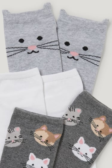 Dames - Set van 6 paar - sneakersokken met motief - kat - licht grijs-mix