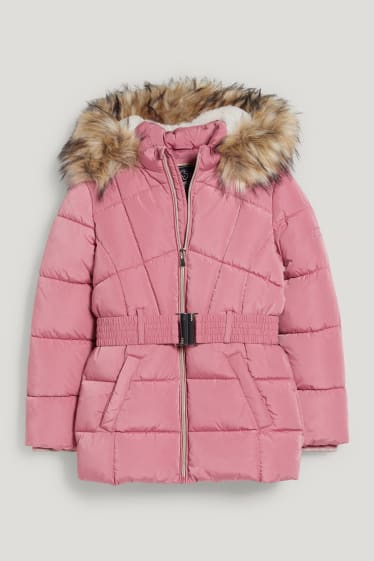 Bambine: - Giacca trapuntata con cappuccio, riporto di ecopelliccia e cintura - rosa scuro