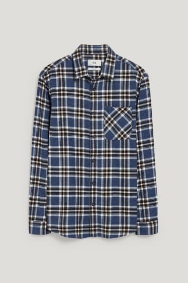 Hommes - Chemise en flanelle - coupe droite - col kent - à carreaux - bleu foncé / blanc