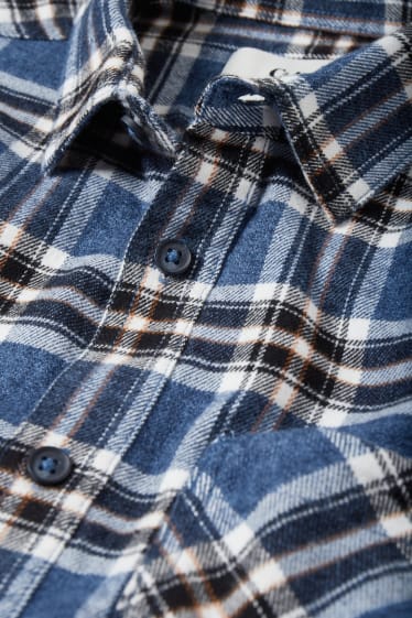Heren - Flanellen overhemd - regular fit - kent - geruit - donkerblauw / wit