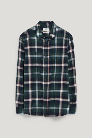 Uomo - Camicia di flanella - regular fit - collo all'italiana - quadretti - verde scuro / bianco crema