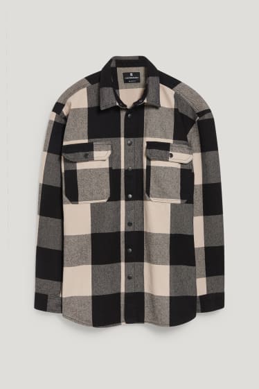 Exclu web - CLOCKHOUSE - veste-chemise en flanelle - coupe relax - col kent - à carreaux - noir / beige