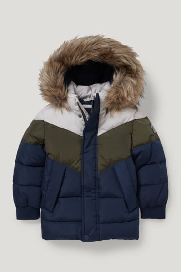 Toddler Boys - Quilted jacket with hood and faux fur trim - dark blue