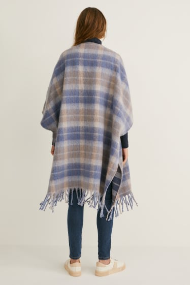 Femmes - Poncho - à carreaux - bleu