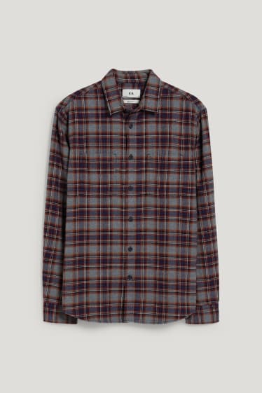 Uomo - Camicia di flanella - regular fit - collo all'italiana - quadretti - grigio / rosso scuro