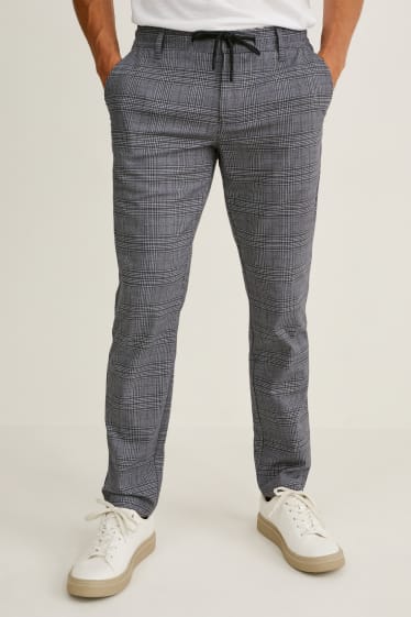 Pánské - Plátěné kalhoty - tapered fit - kostkované - tmavošedá / světle modrá