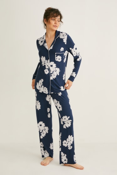 Femmes - Pyjama - à fleurs - bleu foncé