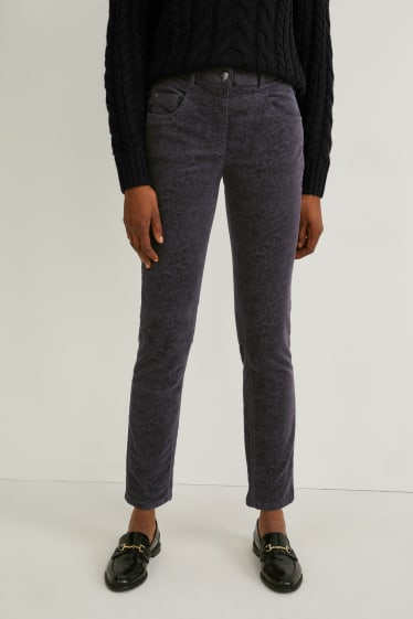 Dames - Broek van fluweel - mid waist - slim fit - LYCRA® - met patroon - antraciet