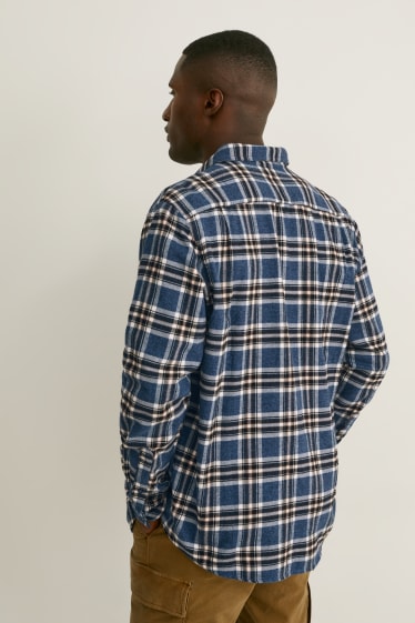 Hommes - Chemise en flanelle - coupe droite - col kent - à carreaux - bleu foncé / blanc