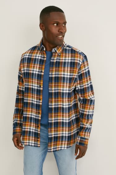 Herren - Flanellhemd - Regular Fit - Button-down - kariert - orange / dunkelblau