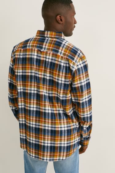 Herren - Flanellhemd - Regular Fit - Button-down - kariert - orange / dunkelblau