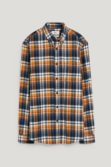 Herren - Flanellhemd - Regular Fit - Button-down - kariert - orange / dunkelblau