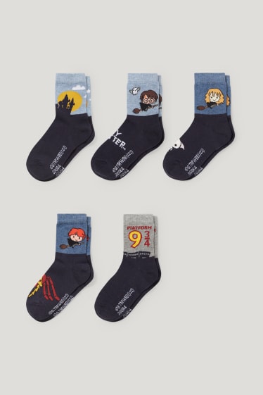 Garçons - Lot de 5 paires - Harry Potter - chaussettes à motif - bleu foncé