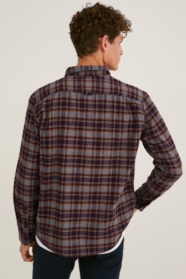 Uomo - Camicia di flanella - regular fit - collo all'italiana - quadretti - grigio / rosso scuro