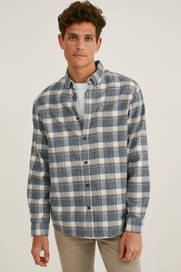 Uomo - Camicia in flanella - regular fit - button down - quadri - bianco / grigio