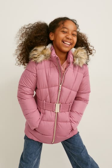 Bambine: - Giacca trapuntata con cappuccio, riporto di ecopelliccia e cintura - rosa scuro