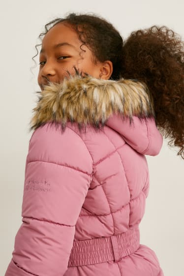 Bambine: - Giacca trapuntata con cappuccio, riporto di ecopelliccia e cintura - rosa scuro