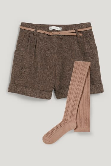 Filles - Ensemble - short avec ceinture et collant - 3 pièces - marron foncé