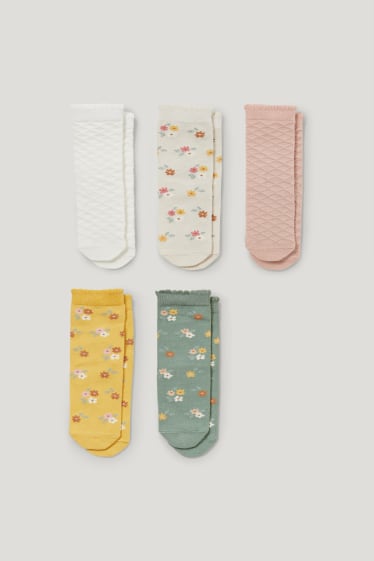 Baby Girls - Wielopak, 5 par - w kwiatki - skarpety niemowlęce z motywem - żółty