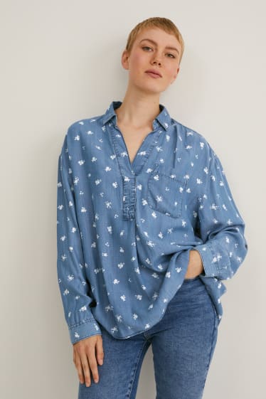 Femei - Bluză - cu flori - denim-albastru