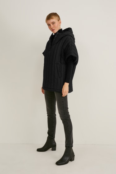Women - Quilted poncho with hood - black