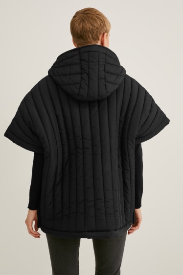 Women - Quilted poncho with hood - black