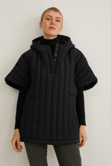 Women - Quilted poncho with hood - black