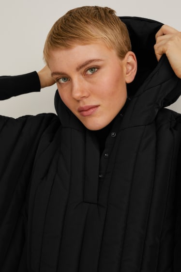 Women - Quilted poncho with hood - black
