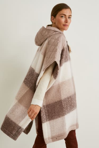 Women - Poncho with hood - check - taupe