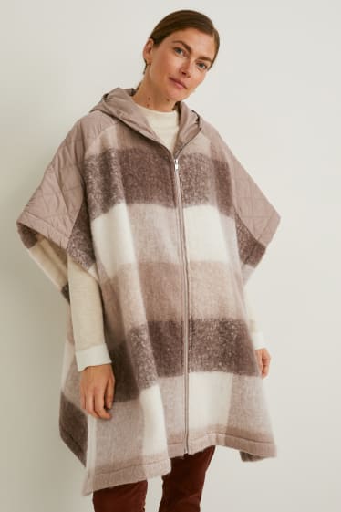 Women - Poncho with hood - check - taupe