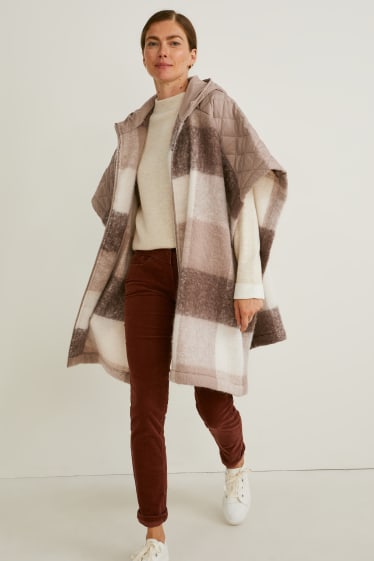 Women - Poncho with hood - check - taupe