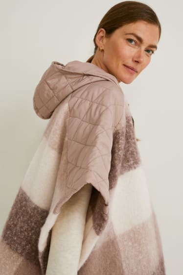 Women - Poncho with hood - check - taupe