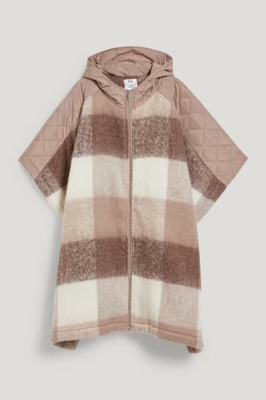 Women - Poncho with hood - check - taupe