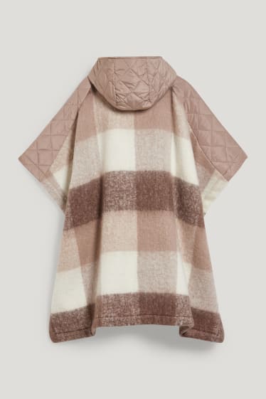 Women - Poncho with hood - check - taupe