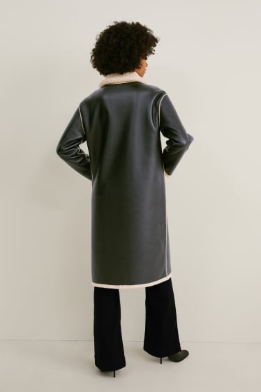 Damen - Wende-Mantel - Lederimitat - schwarz