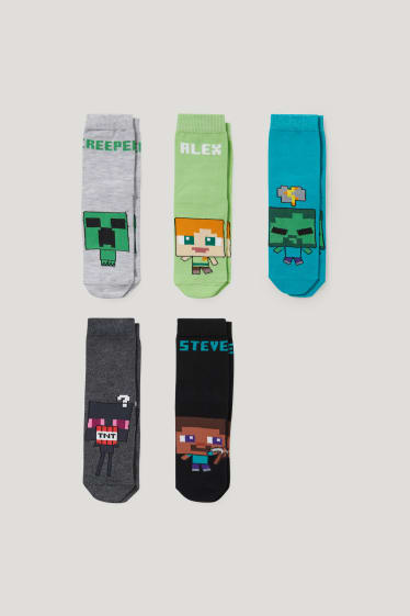 Batolata chlapci - Multipack 5 ks - Minecraft - ponožky s motivem - světle šedá-žíhaná