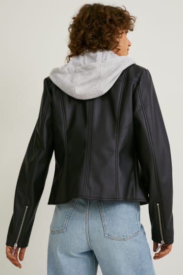 Femei - Jachetă de motociclist cu glugă - imitație de piele - negru
