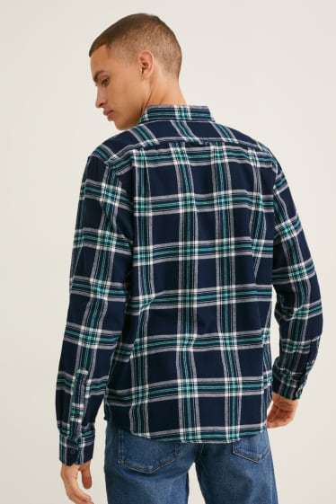 Uomo - Camicia di flanella - regular fit - collo all'italiana - a quadretti - blu scuro / grigio