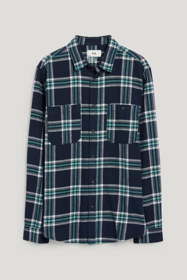 Uomo - Camicia di flanella - regular fit - collo all'italiana - a quadretti - blu scuro / grigio