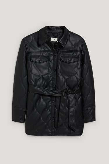 Dames - Gewatteerd overshirt - imitatieleer - zwart