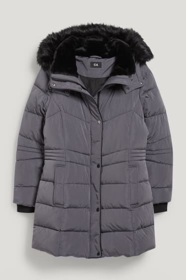 Donna - Cappotto trapuntato con cappuccio e riporto di ecopelliccia. - grigio