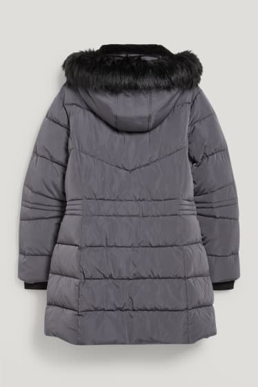 Donna - Cappotto trapuntato con cappuccio e riporto di ecopelliccia. - grigio
