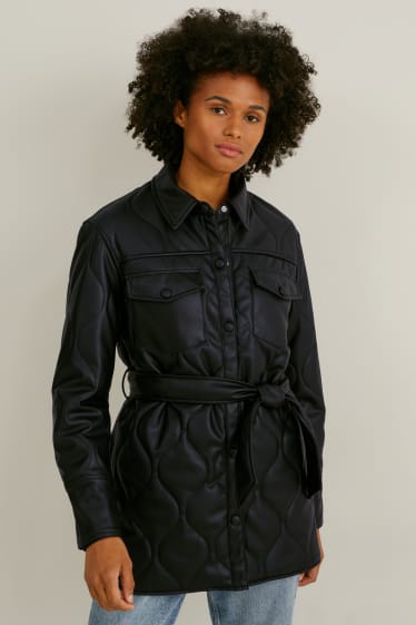 Dames - Gewatteerd overshirt - imitatieleer - zwart