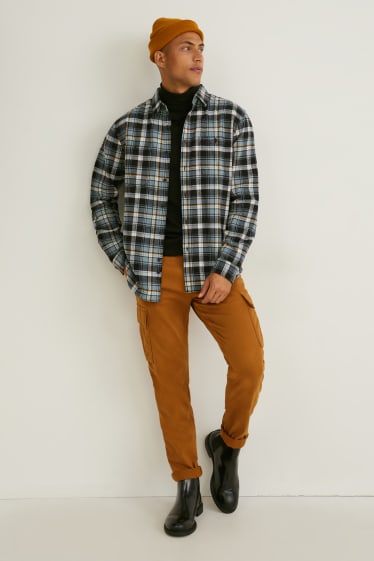 Uomo - Camicia di flanella - regular fit - collo all'italiana - a quadretti - verde scuro / grigio