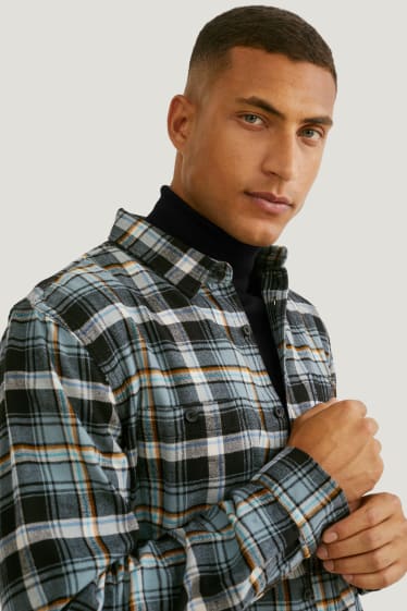 Uomo - Camicia di flanella - regular fit - collo all'italiana - a quadretti - verde scuro / grigio